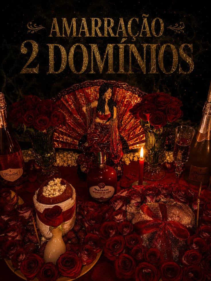 Trabalho espiritual Amarração 2 Domínios com rosas, bebidas e figura espiritual