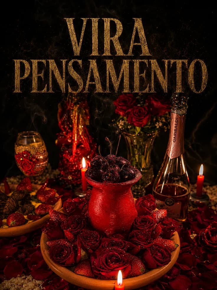 Trabalho espiritual Vira Pensamento com cerejas, rosas, velas e espumante